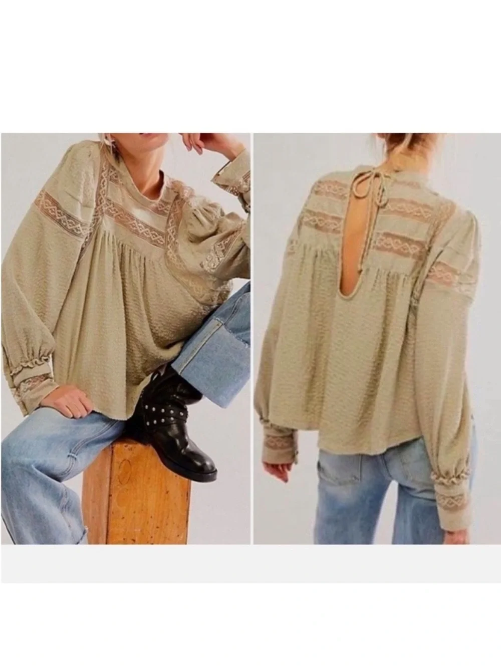 Free People Medium Top It Takes Two Top Spanish Moss lace long sleeve high neck